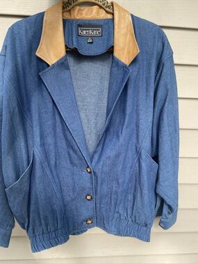 Karen Kane Blue Denim Bomber Jacket with Tan Leather Collar